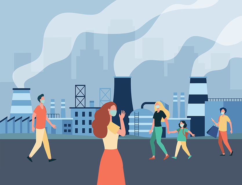 People walking along street in masks isolated flat vector illustration. Cartoon characters protecting from air emissions and smog from industrial plant. Coronavirus and pollution concept